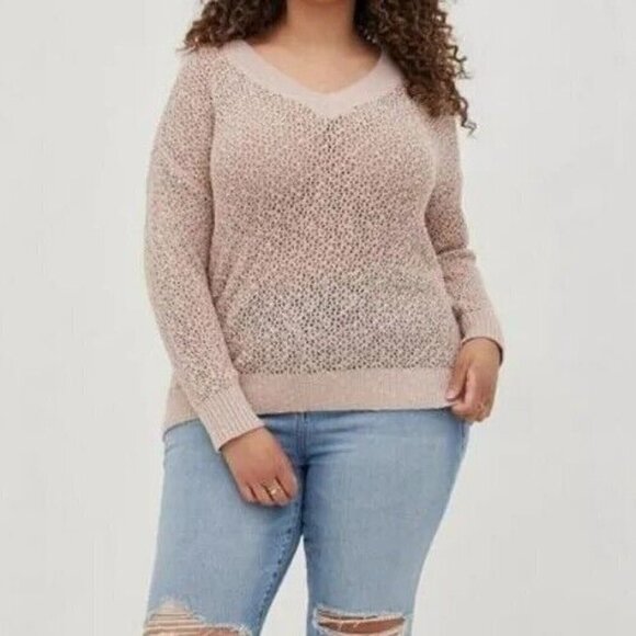 Torrid Sweater Size 1 1X Open Stitch Knit V Neck Pullover Long Sleeves Beige - Picture 14 of 14